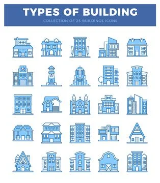 Set of 25 building icons featuring modern and traditional architecture. bui.. Ilustración de archivo