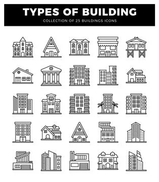 Set of 25 building icons in a grid layout on a white background. Collection.. Ilustración de archivo