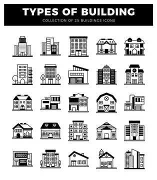 Set of 25 building icons in a grid Ilustración de archivo