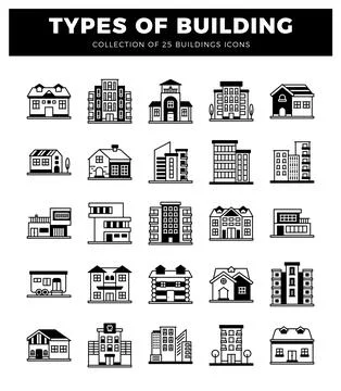 Set of 25 building icons. simple line art. white background. illustration Ilustración de archivo