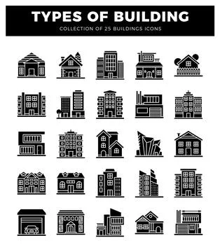 Set of 25 building icons with various architectural styles and types.  Coll.. Ilustración de archivo