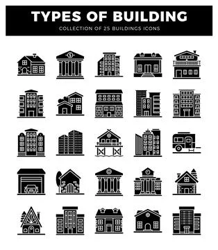 Set of 25 building icons on a white background. Building types collection w.. Ilustración de archivo
