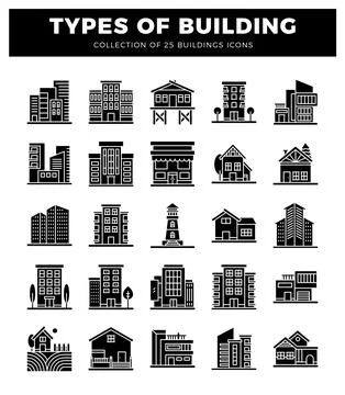 Set of 25 building icons in a white background. architectural illustrations. Ilustración de archivo