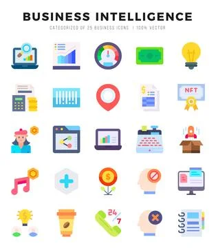 Set of 25 Business Intelligence Flat Icons Pack. Stock Illustration