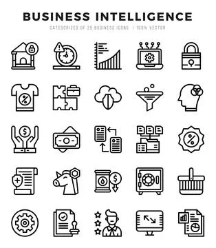 Set of 25 Business Intelligence Lineal Icons Pack. Stock Illustration