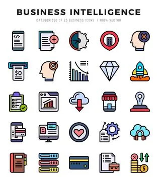 Set of 25 Business Intelligence Lineal Color Icons Pack. Stock Illustration