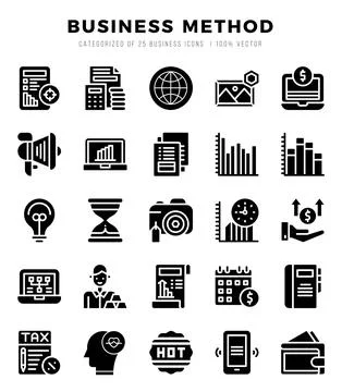 Set of 25 Business Method Glyph Icons Pack. Stock Illustration