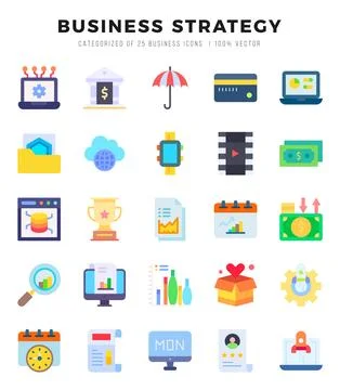 Set of 25 Business Strategy Flat Icons Pack. Ilustración de archivo