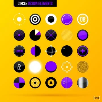 Set of 25 circle design elements on bright yellow background in modern corpor Stock Illustration