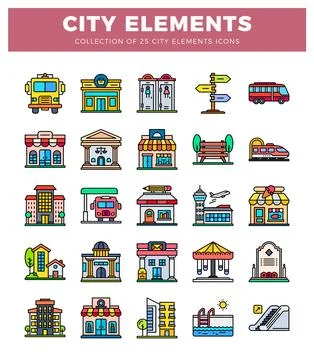 Set of 25 city element icons in flat design style. Stock Illustration