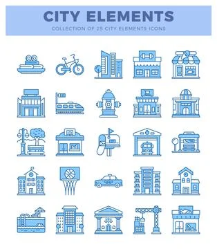 Set of 25 city elements icons for urban design projects. Collection of styl.. 스톡 일러스트