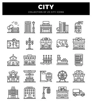 Set of 25 clean line art icons depicting city life elements and buildings 스톡 일러스트