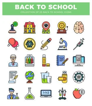 Set of 25 colorful back to school flat icons on white background Stock Illustration