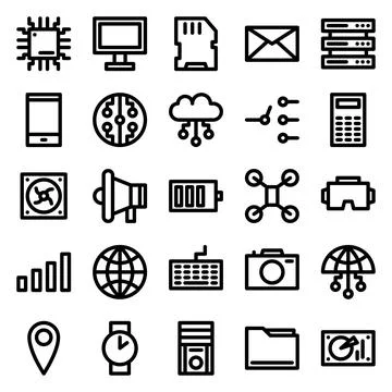 Set of 25 Device and technology web icons in line style. Industry 4.0 conce.. Stock Illustration