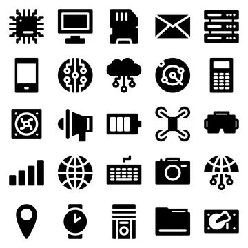 Set of 25 device and technology web icons in solid style. Industry 4.0 conc.. 스톡 일러스트