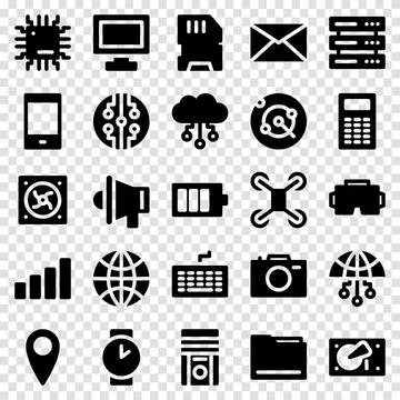 Set of 25 device and technology web icons in solid style. Industry 4.0 conc.. Illustrazione stock