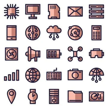 Set of 25 device and technology web icons in filled style. Industry 4.0 con.. Stock Illustration