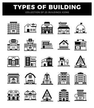 Set of 25 diverse building icons in a clean. modern graphic style Ilustración de archivo