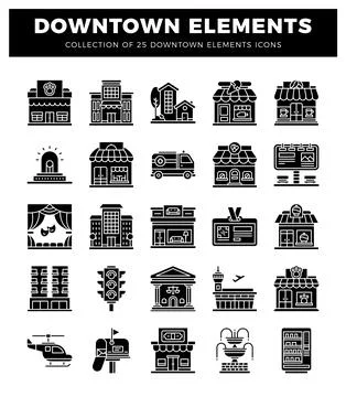Set of 25 downtown city element icons in black and white. representing busi.. Ilustração Stock