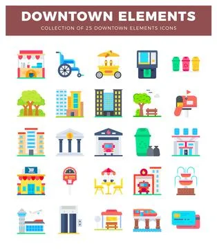 Set of 25 downtown city element icons Stock Illustration