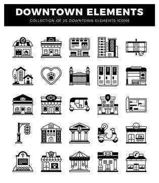 Set of 25 downtown elements icons. diverse urban city buildings and services. Illustrazione stock