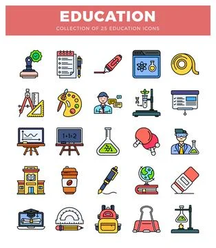 Set of 25 education and school icons in a flat design style. Stock Illustration