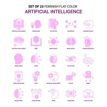 Set of 25 Feminish Artificial Intelligence Flat Color Pink Icon set Illustrazione stock
