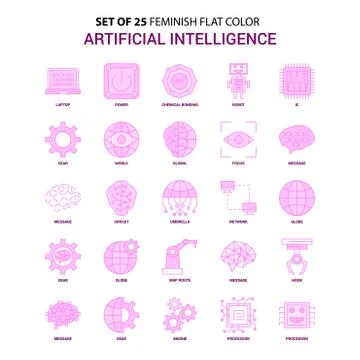 Set of 25 Feminish Artificial Intelligence Flat Color Pink Icon set Illustrazione stock