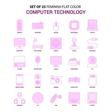 Set of 25 Feminish Computer Technology Flat Color Pink Icon set Illustrazione stock