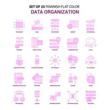 Set of 25 Feminish Data Organization Flat Color Pink Icon set Illustrazione stock
