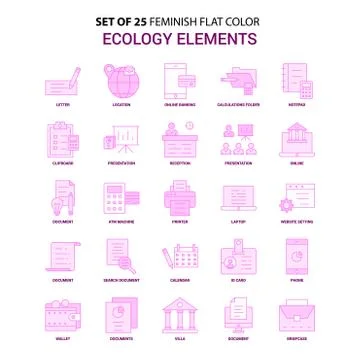 Set of 25 Feminish Ecology Elements Flat Color Pink Icon set 库存插图