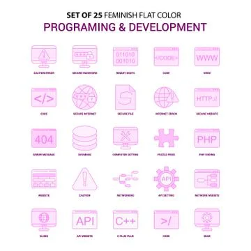 Set of 25 Feminish Programming and Developement Flat Color Pink Icon set Illustrazione stock