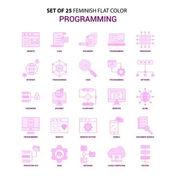 Set of 25 Feminish Programming Flat Color Pink Icon set Illustrazione stock