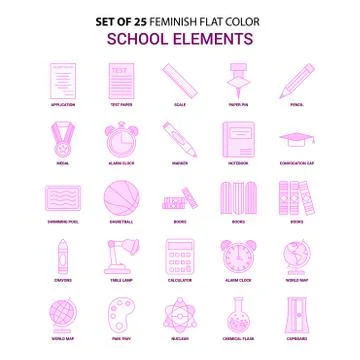 Set of 25 Feminish School Elements Flat Color Pink Icon set Illustrazione stock