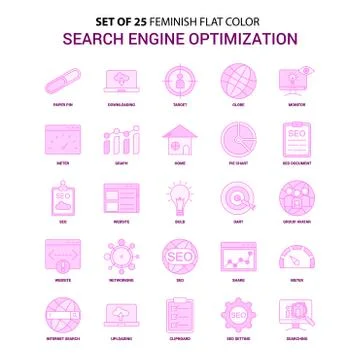 Set of 25 Feminish Search Engine Optimization Flat Color Pink Icon set Illustrazione stock