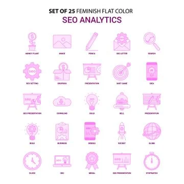 Set of 25 Feminish SEO Analytics Flat Color Pink Icon set 스톡 일러스트