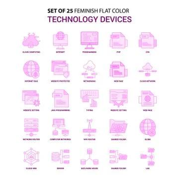 Set of 25 Feminish Technology Device Flat Color Pink Icon set Ilustração Stock