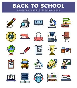 Set of 25 flat back to school icons with educational and scientific symbols.. イラスト素材