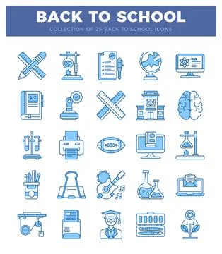 Set of 25 flat blue and white school icons on a white background. Stock Illustration