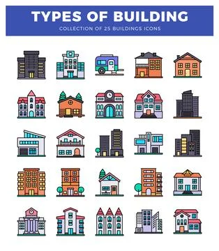 Set of 25 flat building icons in various styles. residential and commercial.. Ilustración de archivo