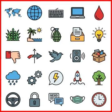 Set of 25 flat color filled line icons for various themes. Stock Illustration