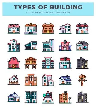 Set of 25 flat design building icons with colorful outlines Stock Illustration