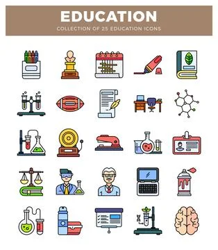 Set of 25 flat education icons featuring science. learning. and school supp.. Stock Illustration