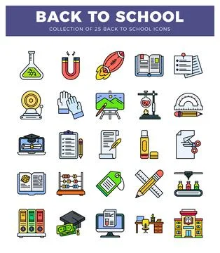 Set of 25 flat line icons for back to school collection. flat design. isola.. Stock Illustration
