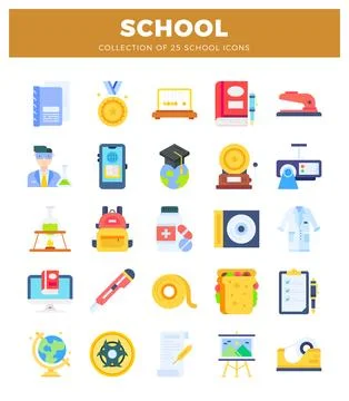 Set of 25 flat school and education icons on white background Stock Illustration
