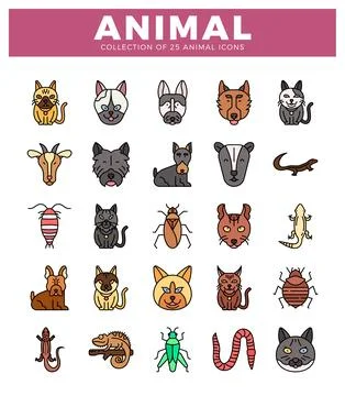Set of 25 flat vector animal icons including pets and insects on a white ba.. Illustrazione stock