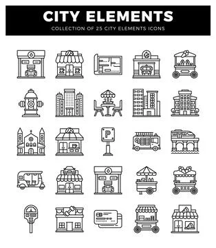 Set of 25 flat vector icons representing city elements like buildings. shop.. イラスト素材