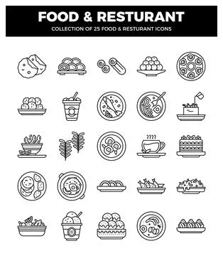 Set of 25 food and restaurant outline icons. Isolated graphic elements on a.. Stock Illustration