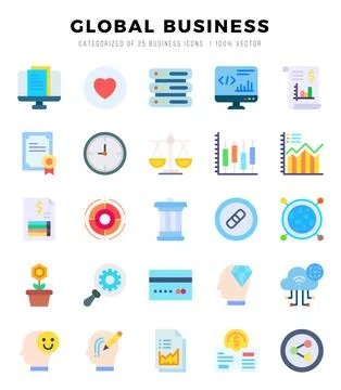 Set of 25 Global Business Flat Icons Pack. Illustrazione stock