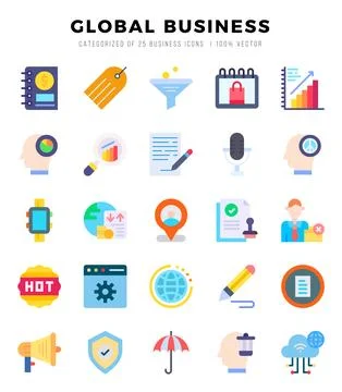 Set of 25 Global Business Flat Icons Pack. Stock Illustration